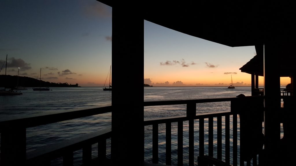 overwater bungalow view sunset bora bora